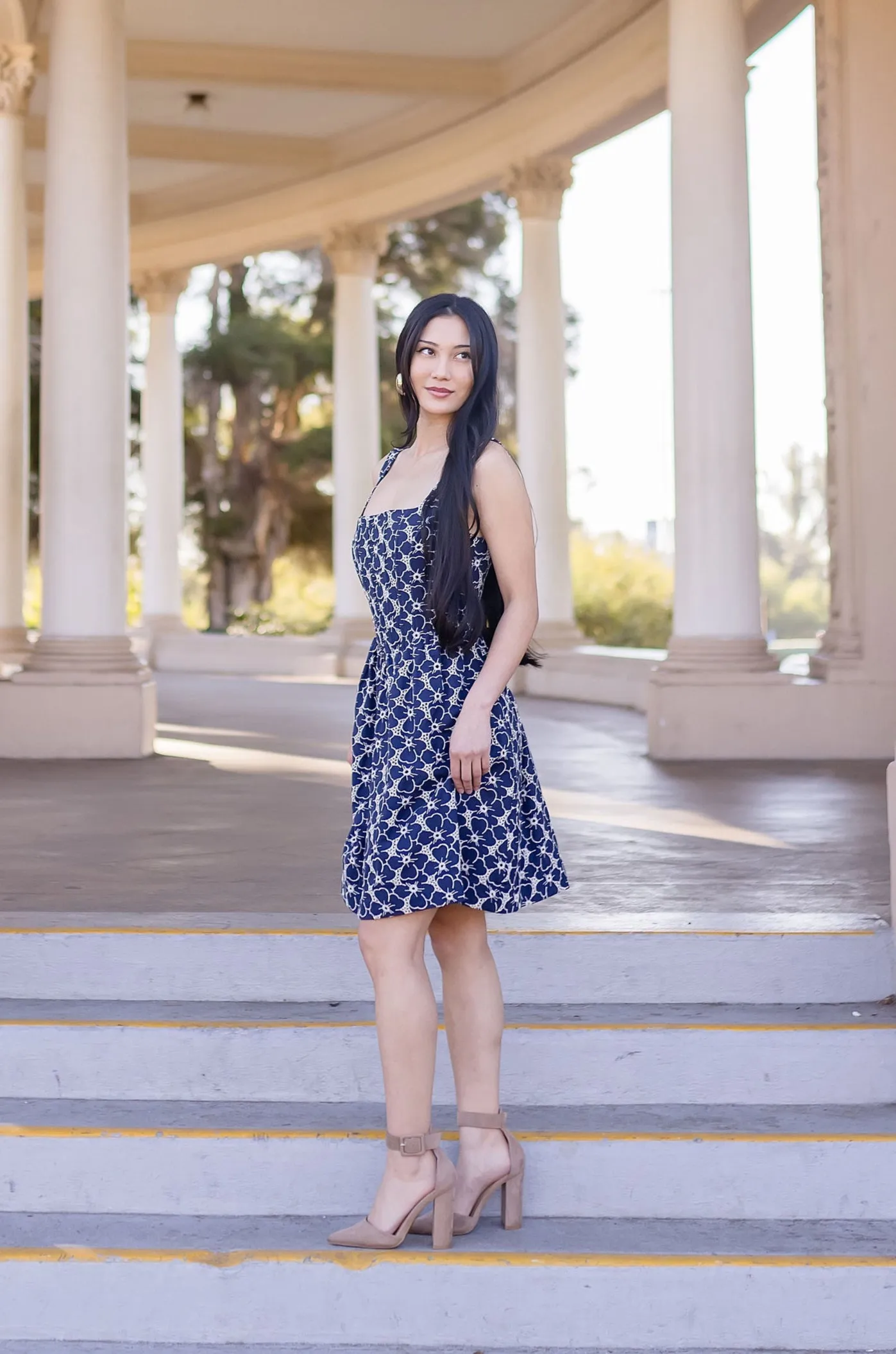 Gina Sleeveless Eyelet Floral Print Denim Mini Dress Dark Wash