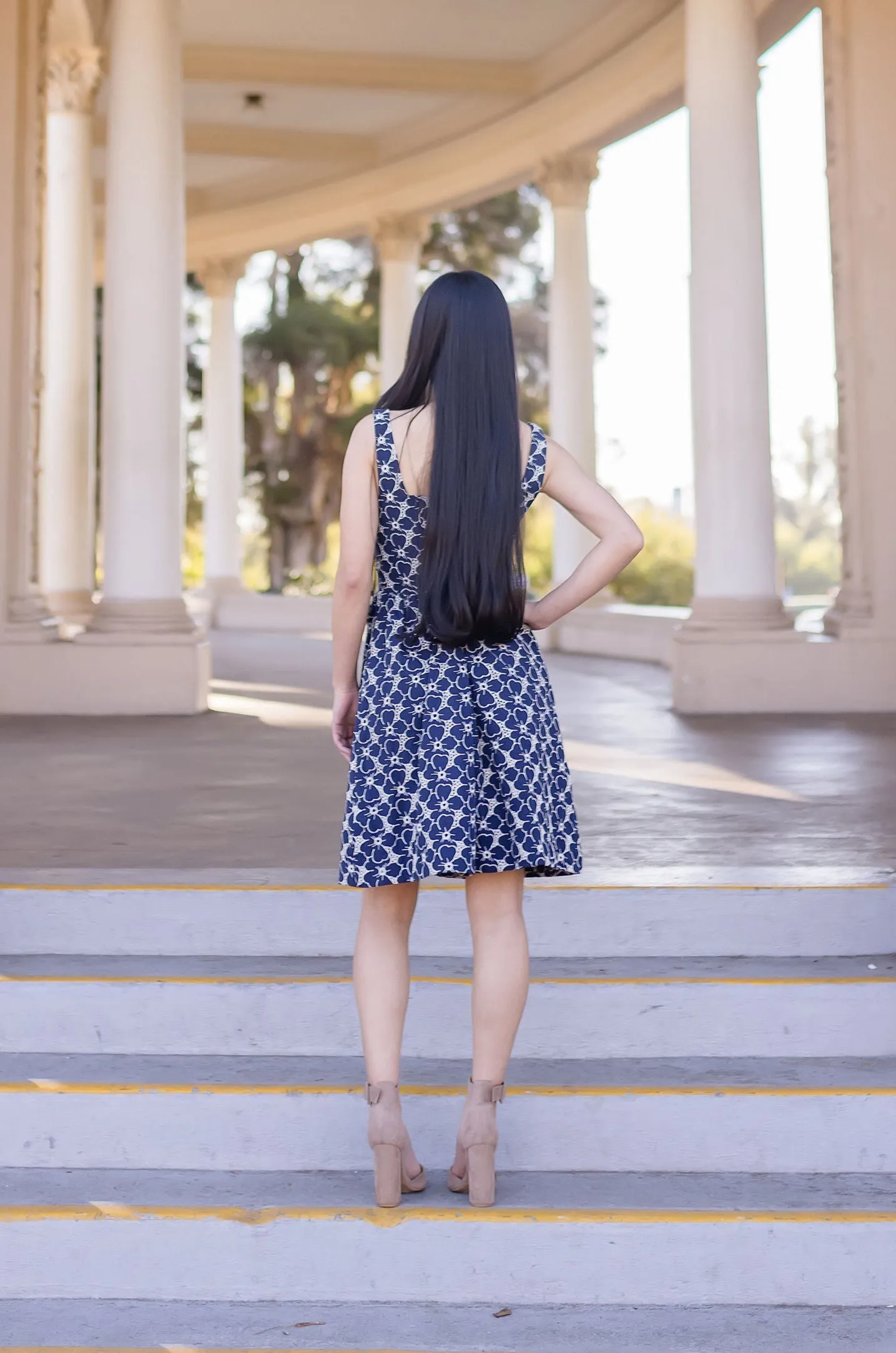 Gina Sleeveless Eyelet Floral Print Denim Mini Dress Dark Wash