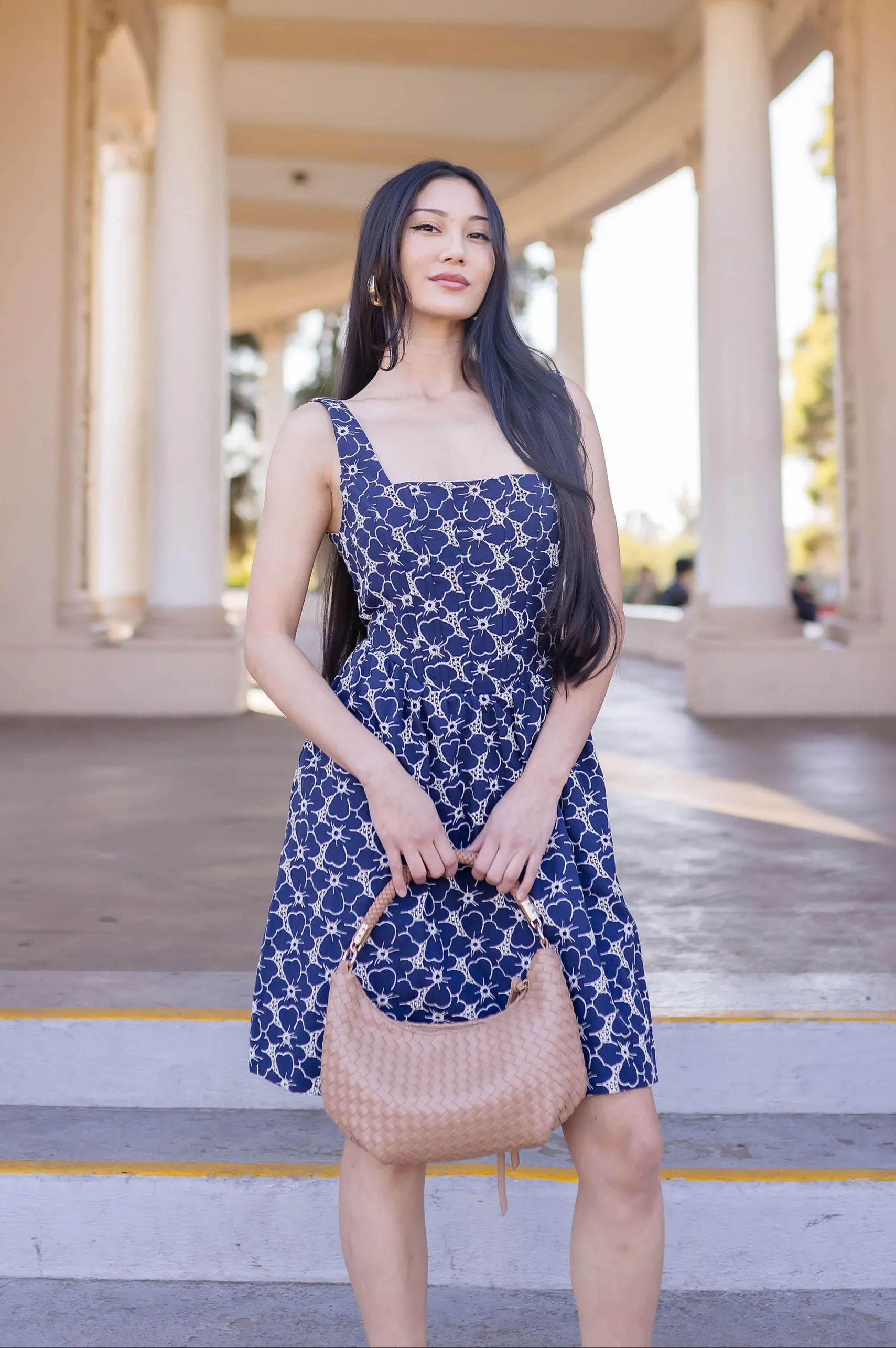 Gina Sleeveless Eyelet Floral Print Denim Mini Dress Dark Wash