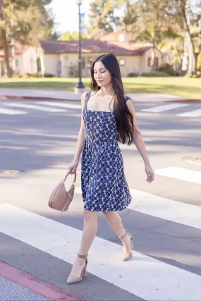 Gina Sleeveless Eyelet Floral Print Denim Mini Dress Dark Wash