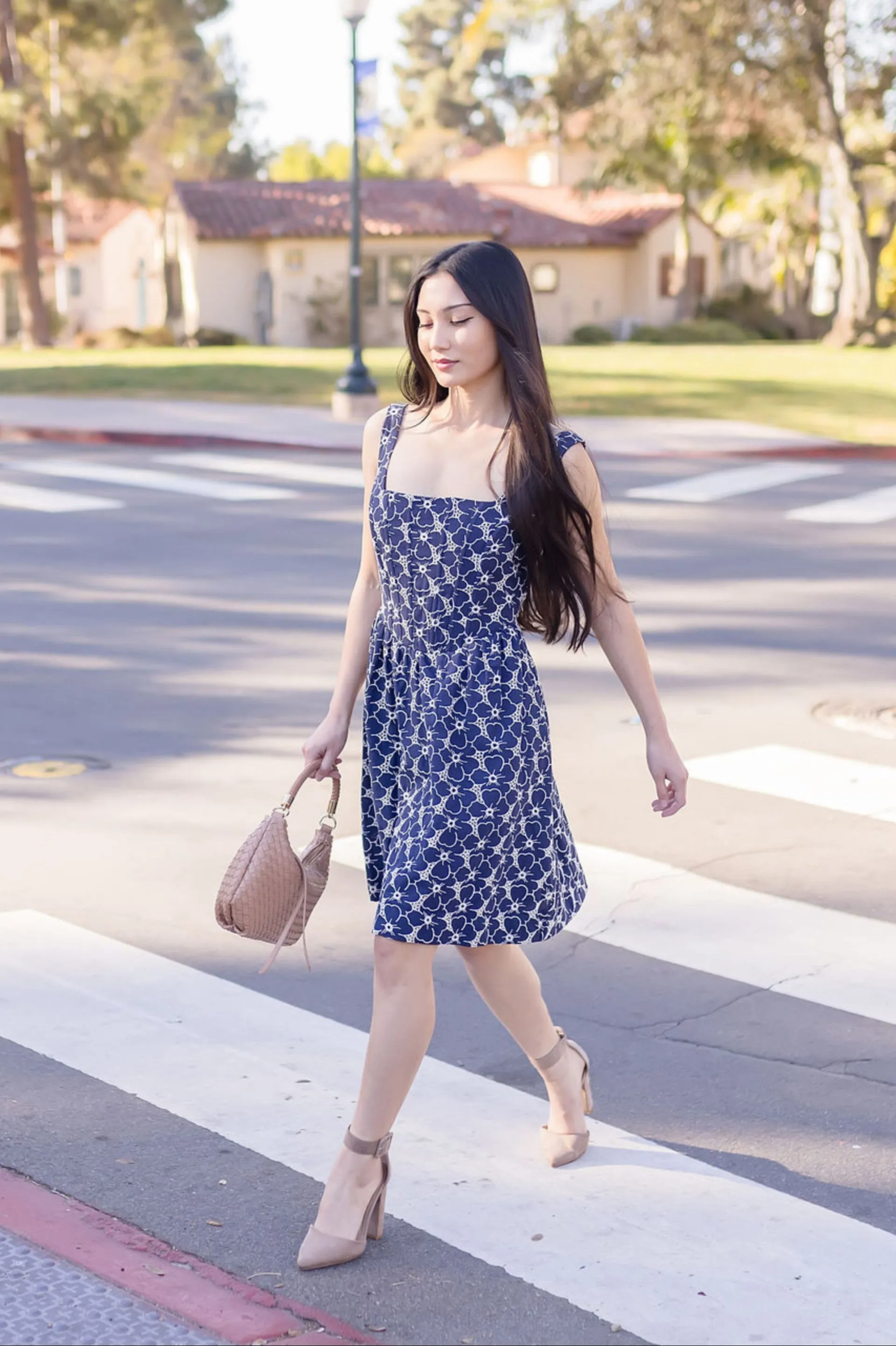 Gina Sleeveless Eyelet Floral Print Denim Mini Dress Dark Wash