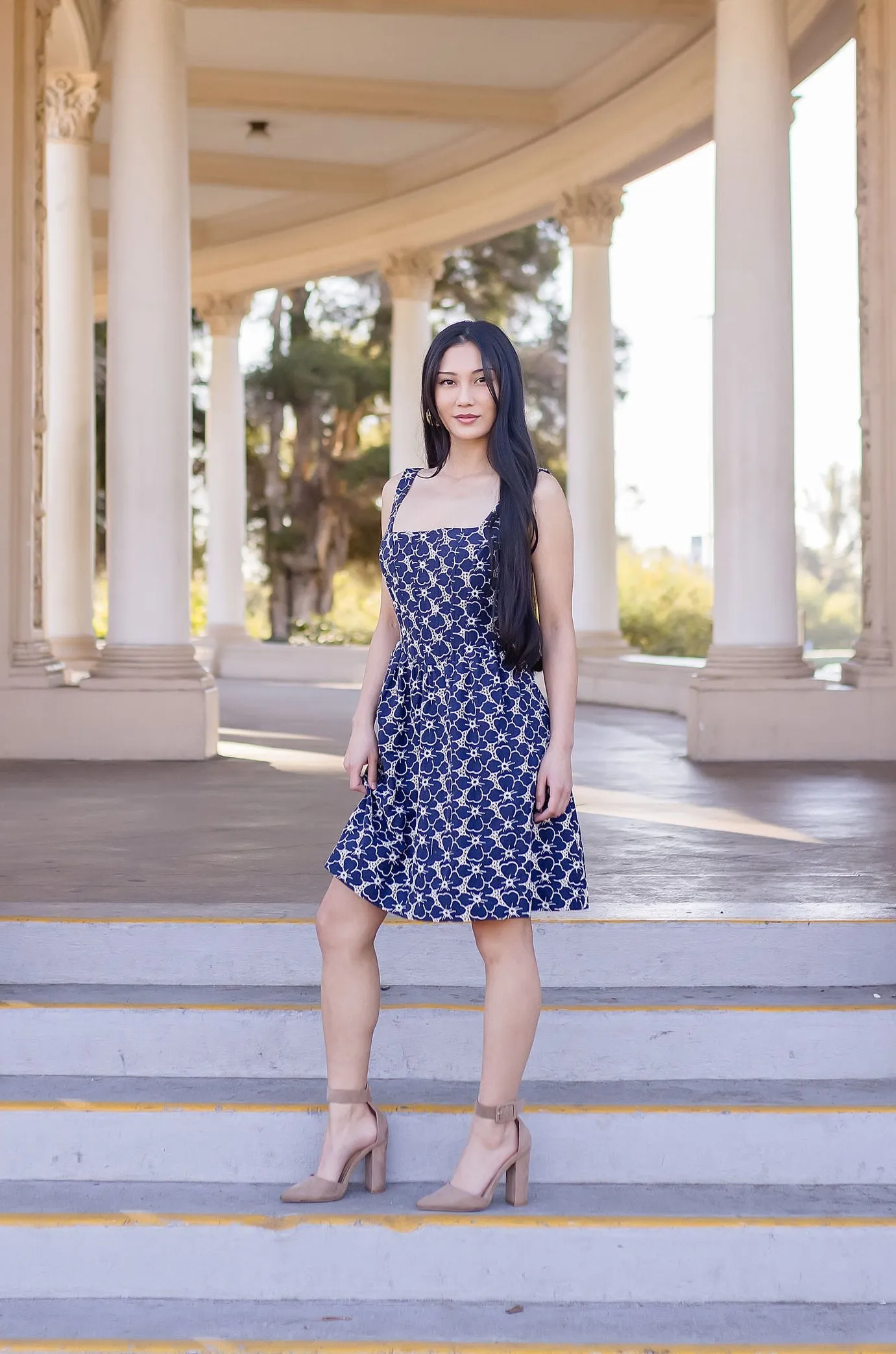 Gina Sleeveless Eyelet Floral Print Denim Mini Dress Dark Wash