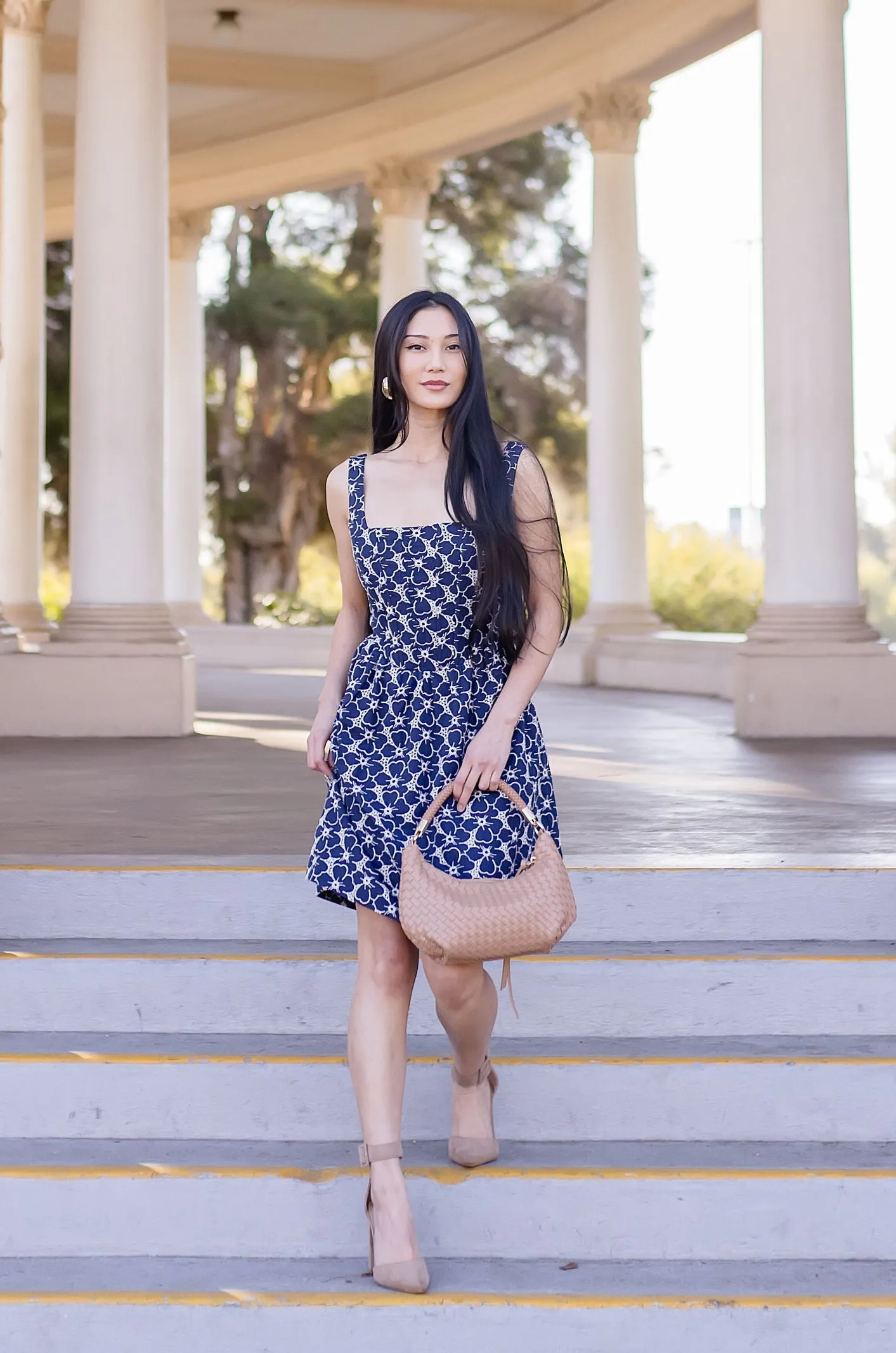 Gina Sleeveless Eyelet Floral Print Denim Mini Dress Dark Wash