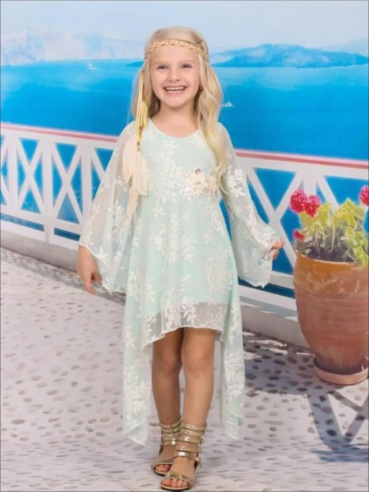 Girls Mint Lace Sidetail Boho Sleeve Dress