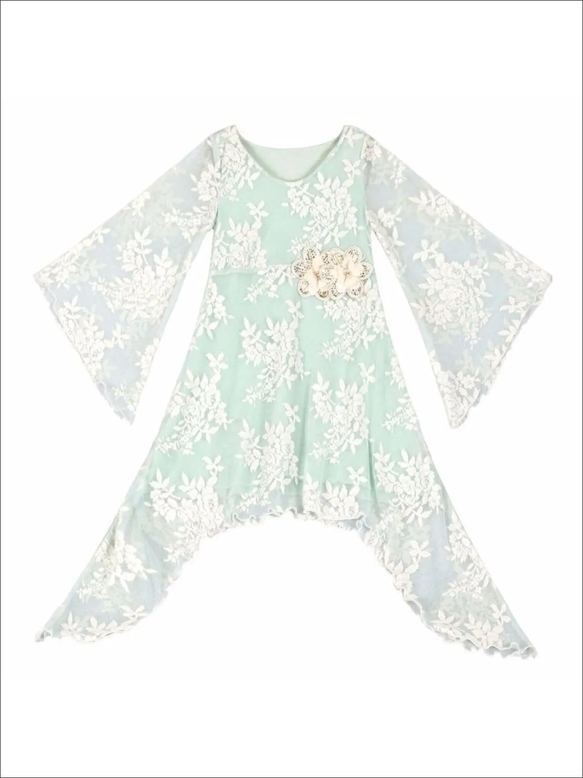 Girls Mint Lace Sidetail Boho Sleeve Dress