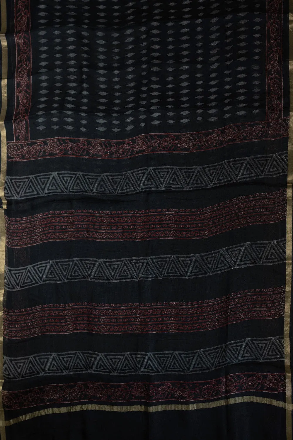 Grey Pattern on Black Block Printed Kota Silk saree