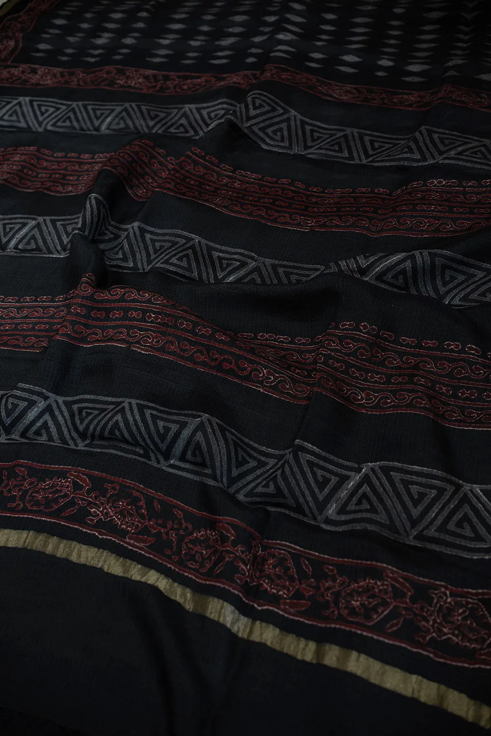 Grey Pattern on Black Block Printed Kota Silk saree