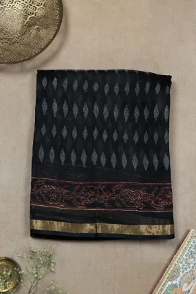 Grey Pattern on Black Block Printed Kota Silk saree