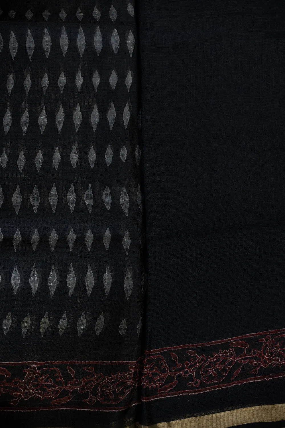 Grey Pattern on Black Block Printed Kota Silk saree