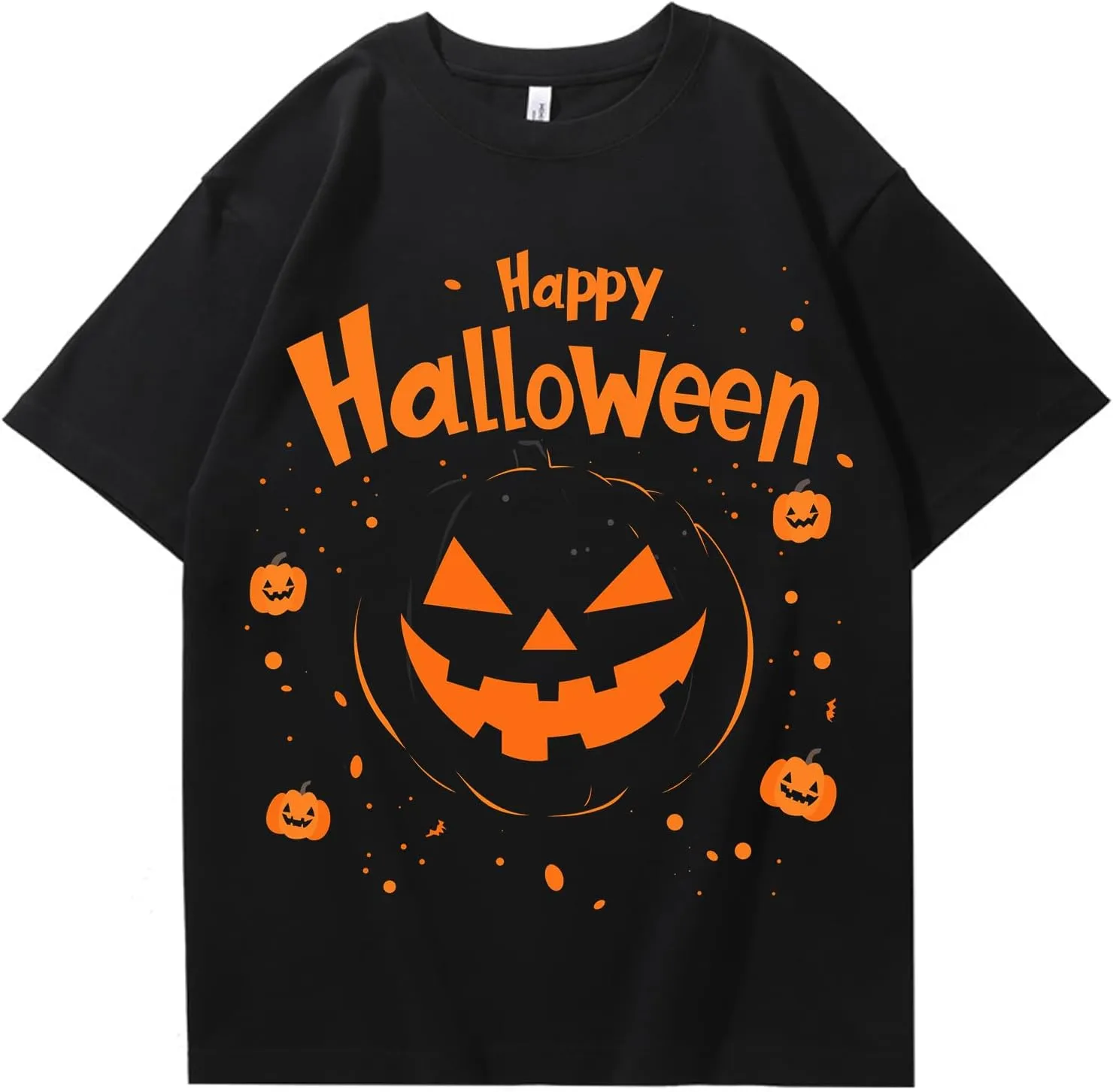Halloween Oversized Black Cotton T-Shirt with Pumpkin Face Print, Soft & Breathable, Thick Crew Neck Tee for Men and Women