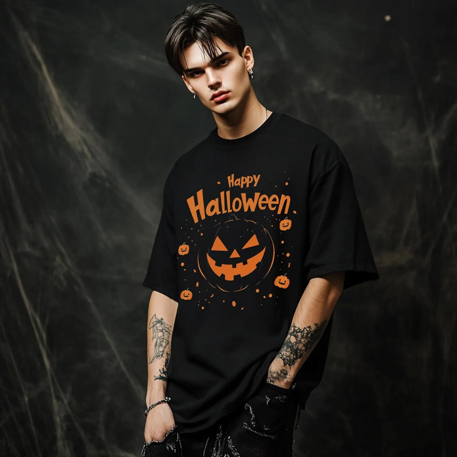 Halloween Oversized Black Cotton T-Shirt with Pumpkin Face Print, Soft & Breathable, Thick Crew Neck Tee for Men and Women
