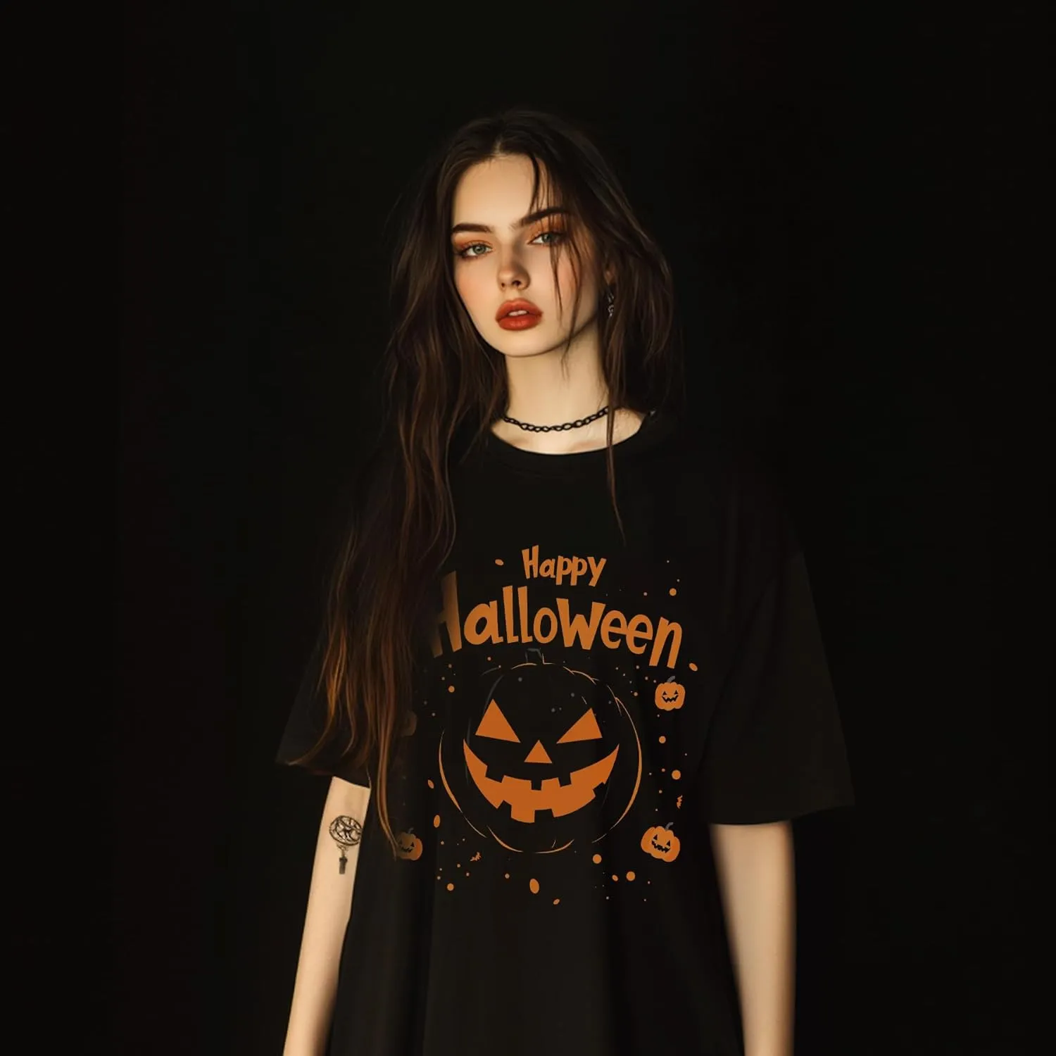 Halloween Oversized Black Cotton T-Shirt with Pumpkin Face Print, Soft & Breathable, Thick Crew Neck Tee for Men and Women