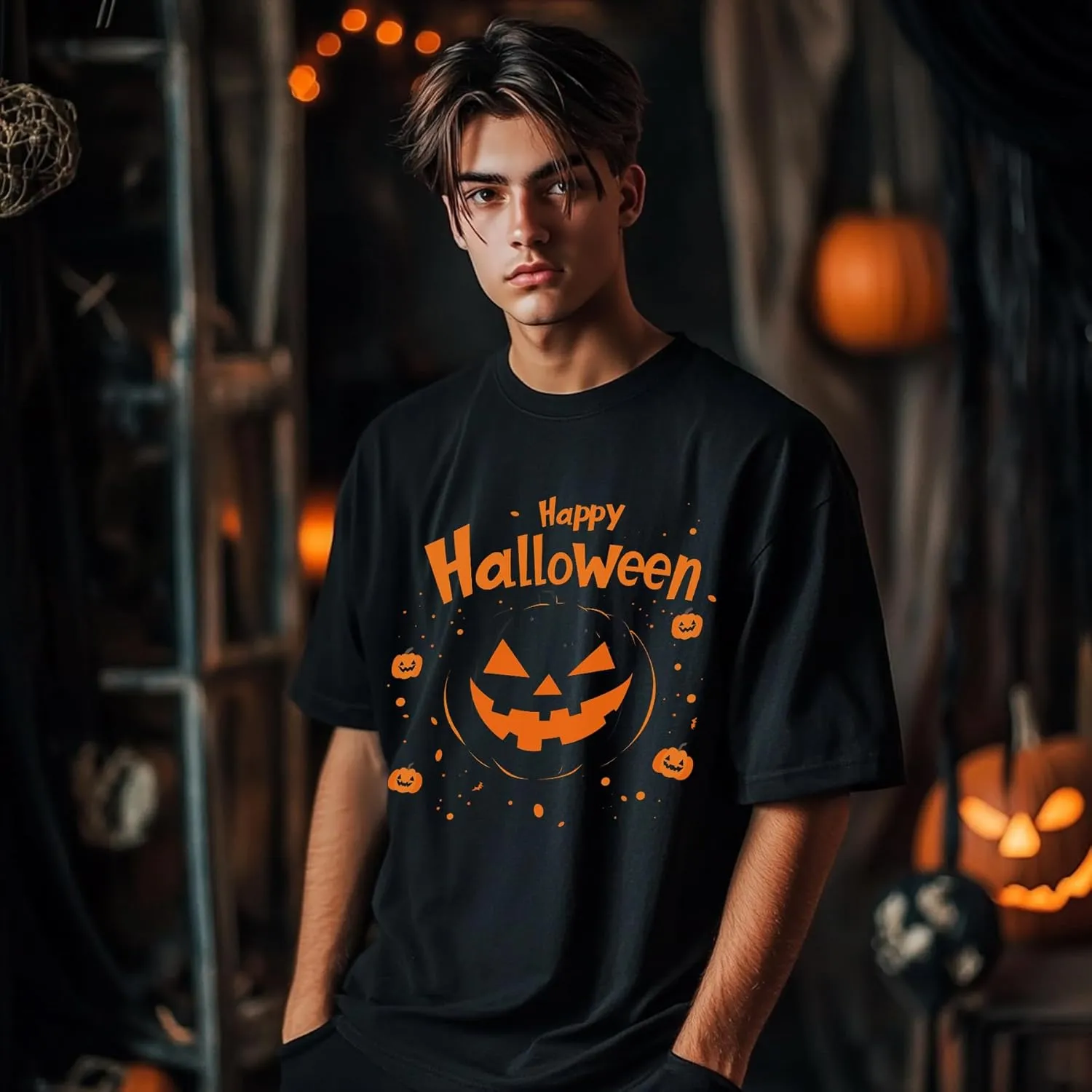 Halloween Oversized Black Cotton T-Shirt with Pumpkin Face Print, Soft & Breathable, Thick Crew Neck Tee for Men and Women