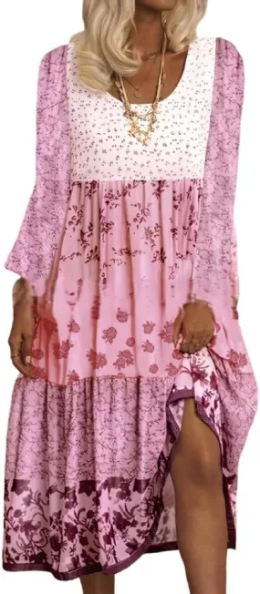 HOTYD Boho Floral Midi Dress for Women Patchwork Sleeveless Crew Neck Summer Casual Loose Flowy Tiered Dress Plus Size