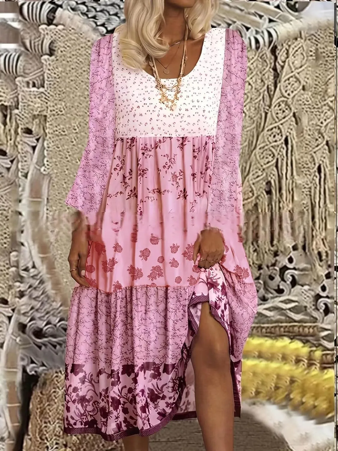HOTYD Boho Floral Midi Dress for Women Patchwork Sleeveless Crew Neck Summer Casual Loose Flowy Tiered Dress Plus Size