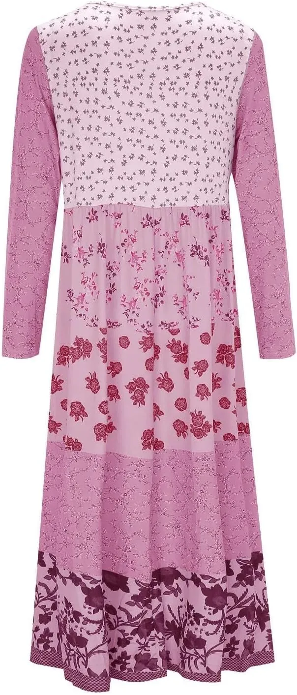 HOTYD Boho Floral Midi Dress for Women Patchwork Sleeveless Crew Neck Summer Casual Loose Flowy Tiered Dress Plus Size