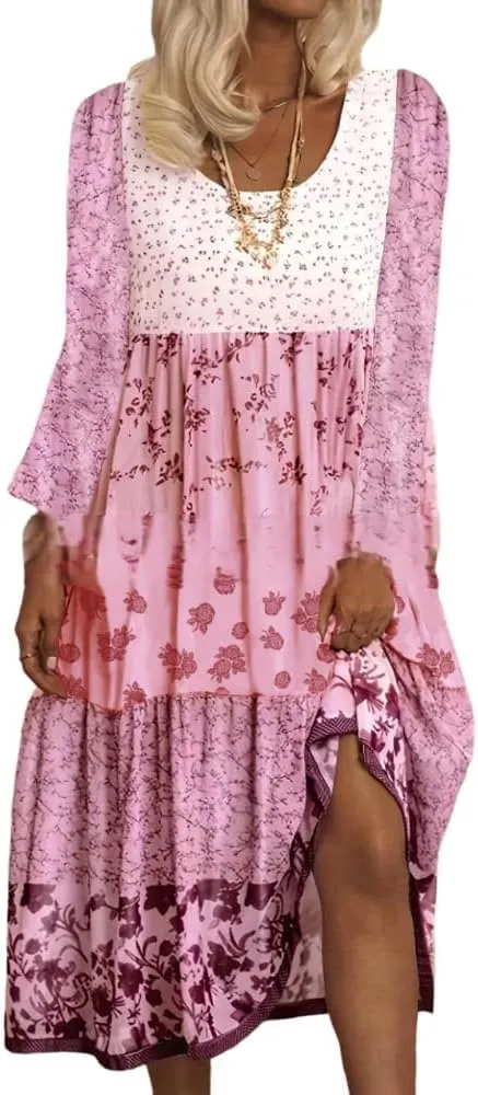 HOTYD Boho Floral Midi Dress for Women Patchwork Sleeveless Crew Neck Summer Casual Loose Flowy Tiered Dress Plus Size