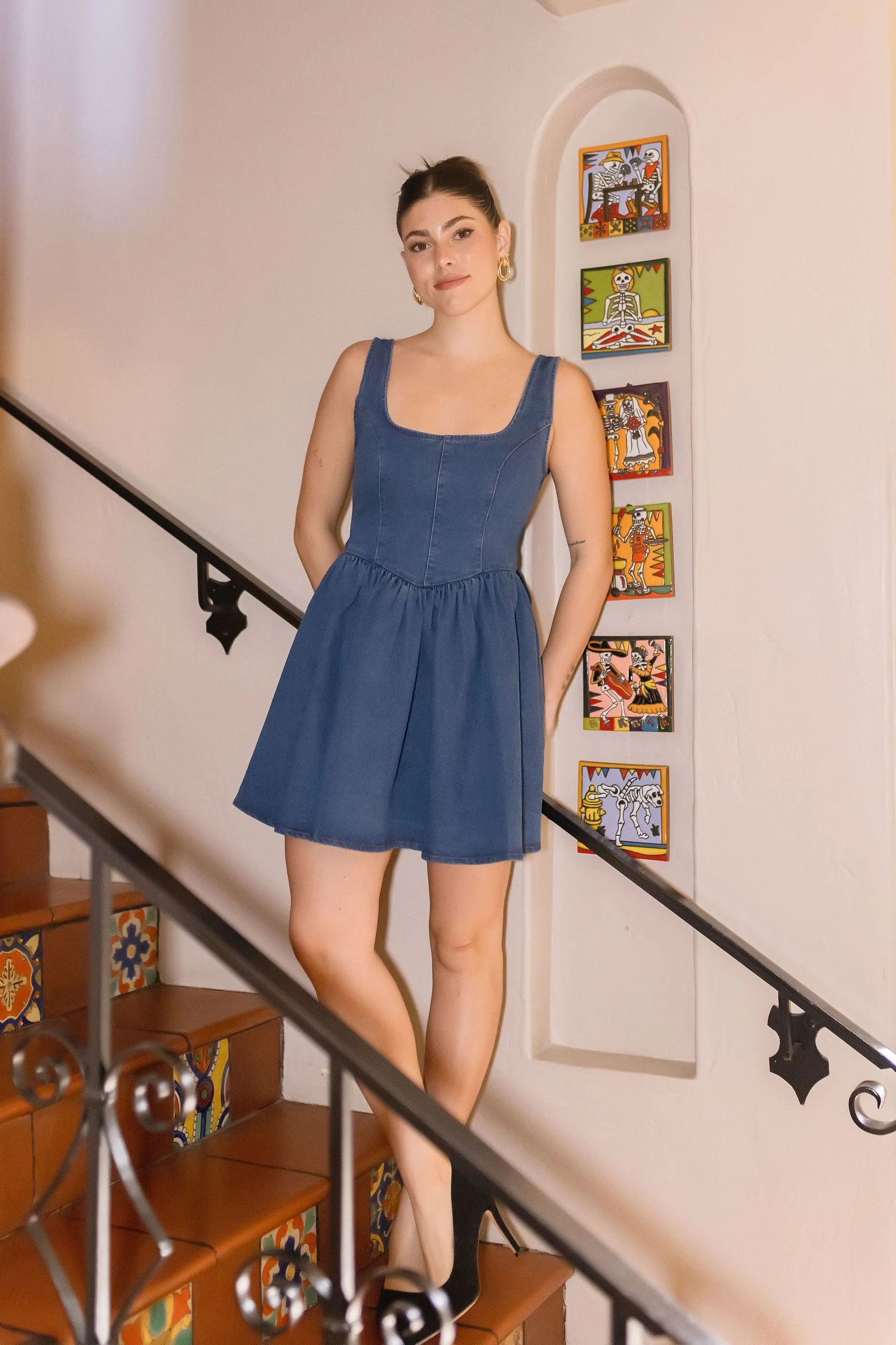 Kali Sleeveless Back Tie Flared Denim Mini Dress Dark Wash