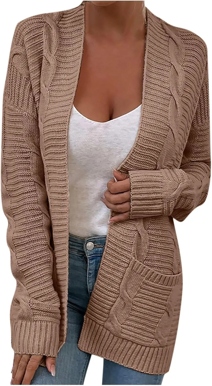 Knit Cardigan for Womens Soft Chunky Cable Knitted Open Front Long Sleeve Sweater Outwear Cover Up with Pockets