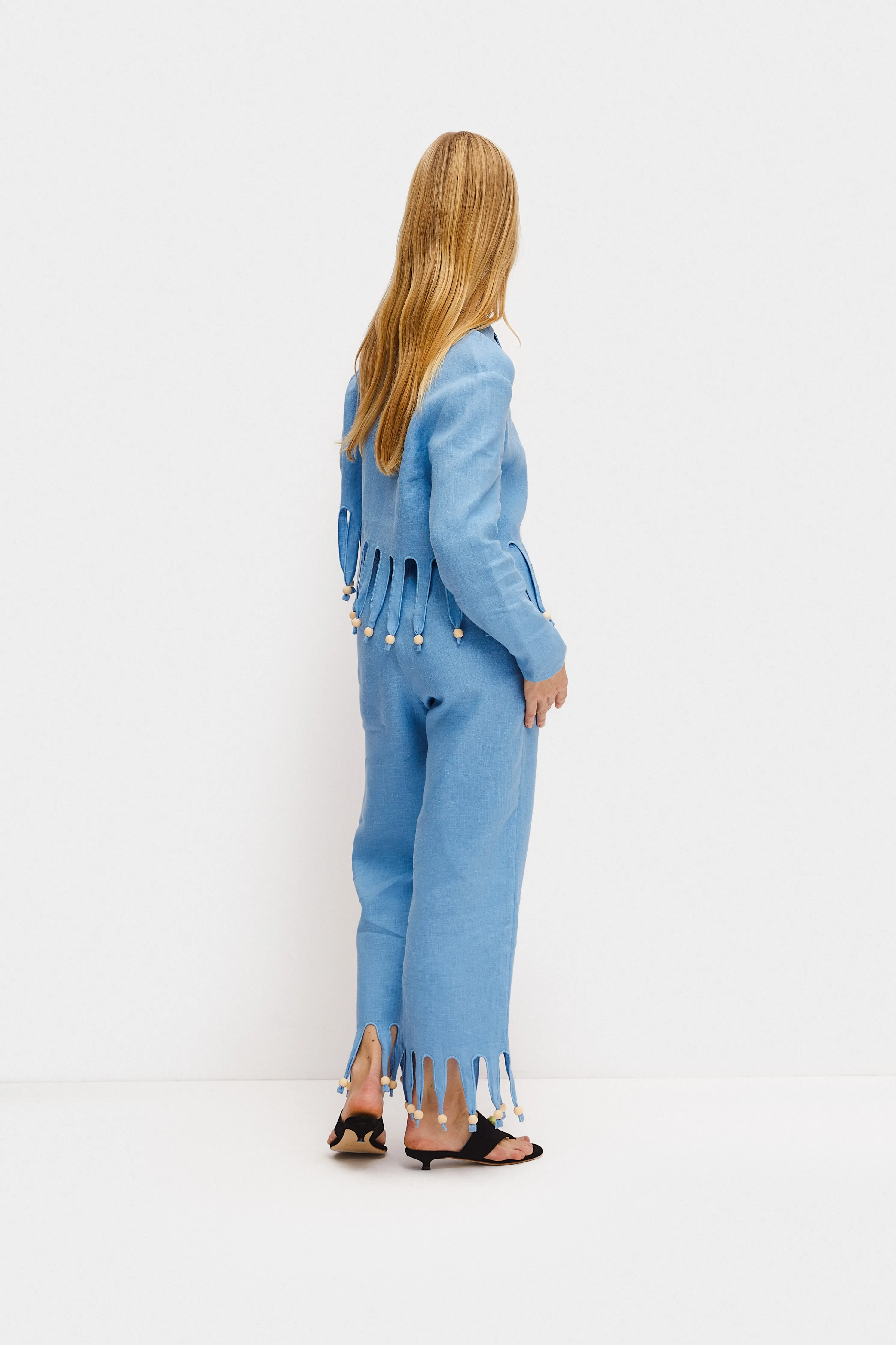 Lambada Fringed Linen Shirt in Blue
