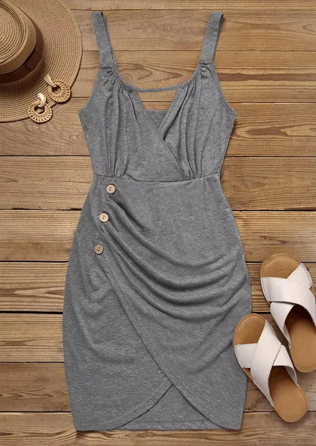LANMERTREE Womens Ruched Button Sexy Mini Dress Summer Casual Sleeveless Shirt Dresses Bodycon Wrap Party Evening Dress
