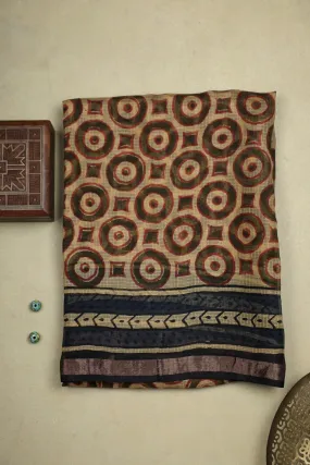 Light Beige Block Printed Kota Silk Saree