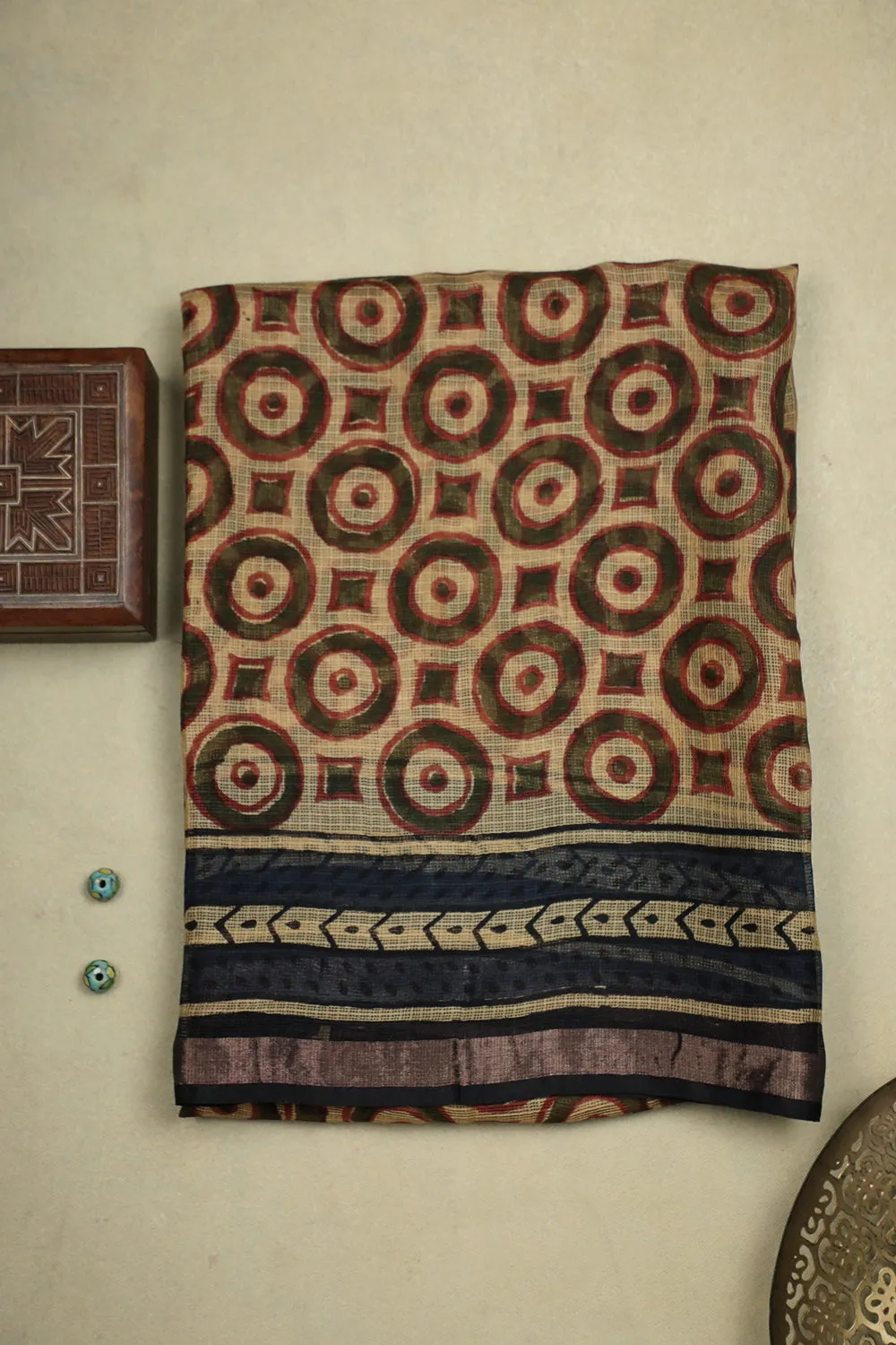 Light Beige Block Printed Kota Silk Saree