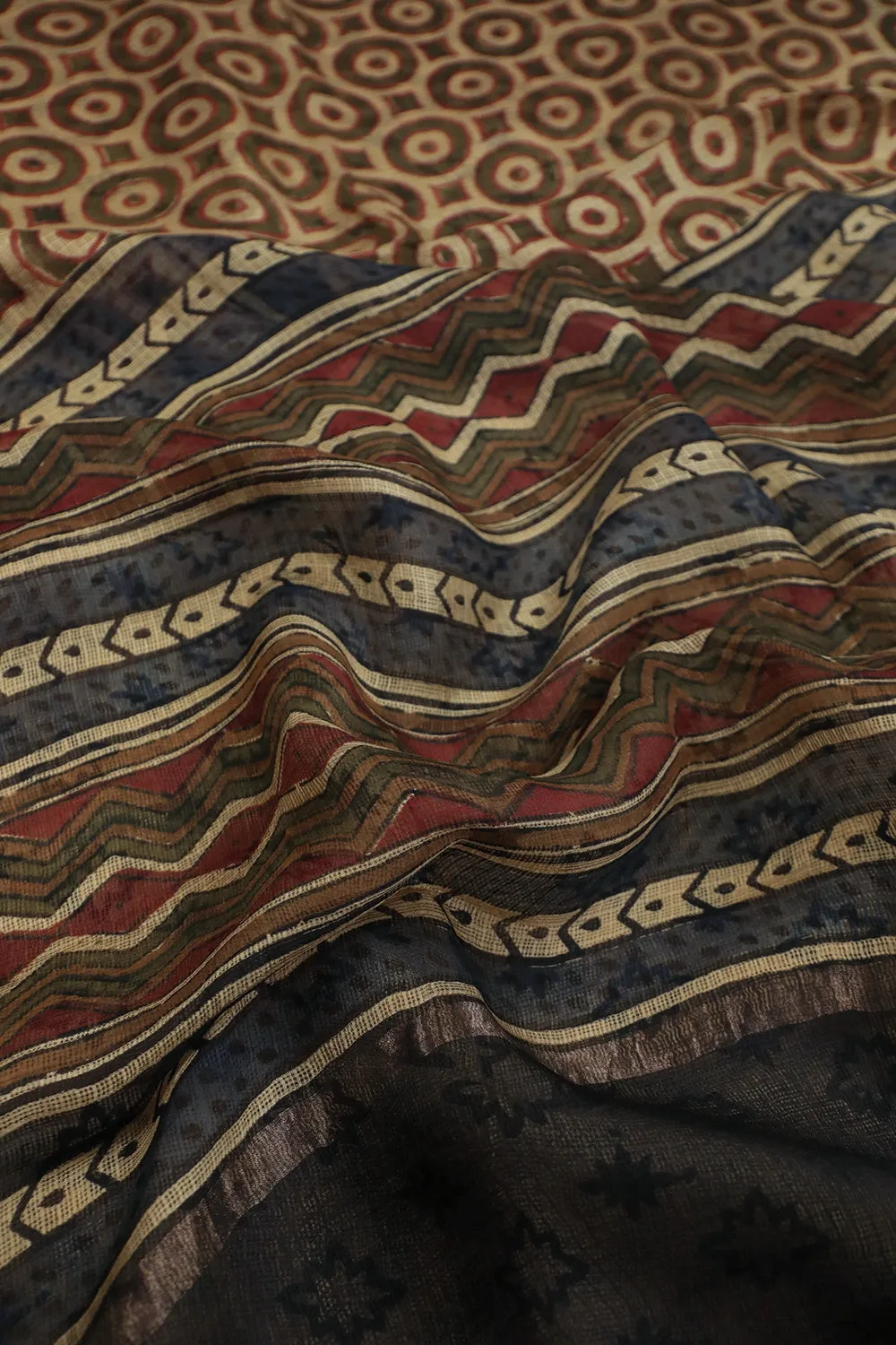 Light Beige Block Printed Kota Silk Saree