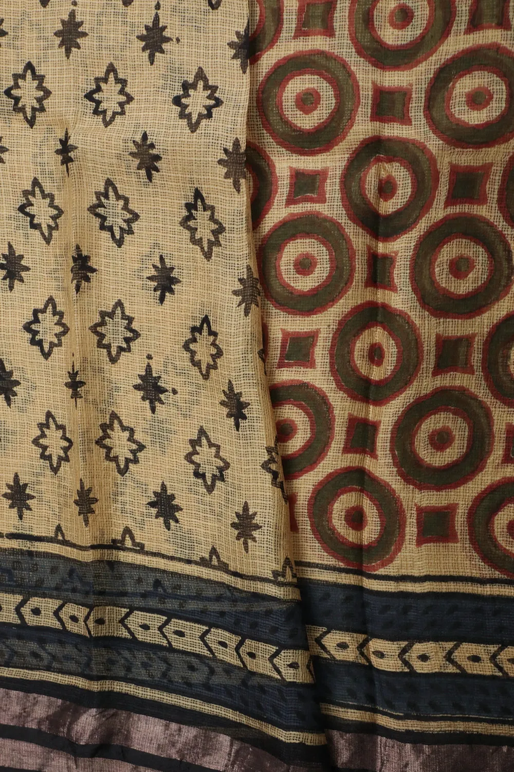 Light Beige Block Printed Kota Silk Saree