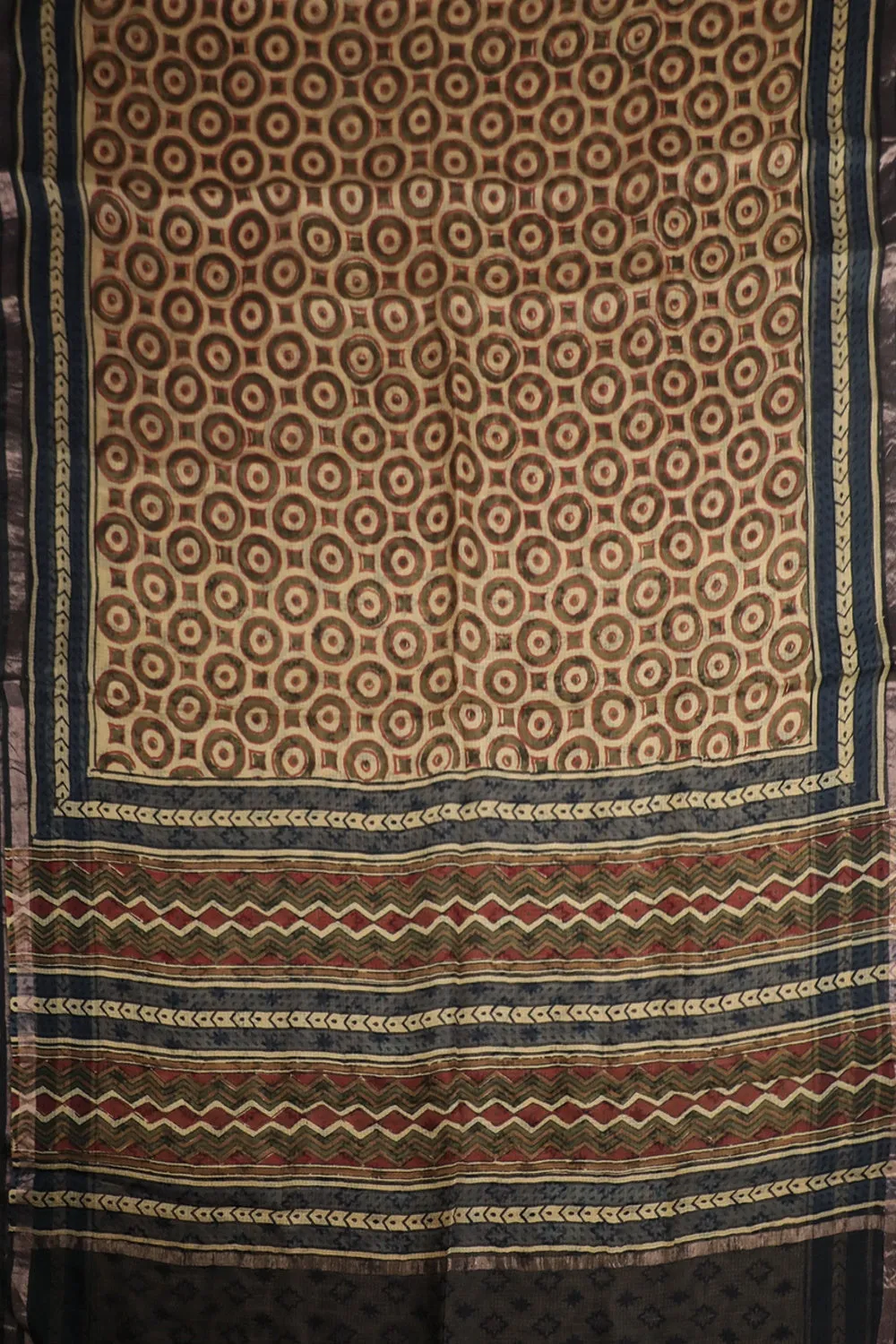 Light Beige Block Printed Kota Silk Saree
