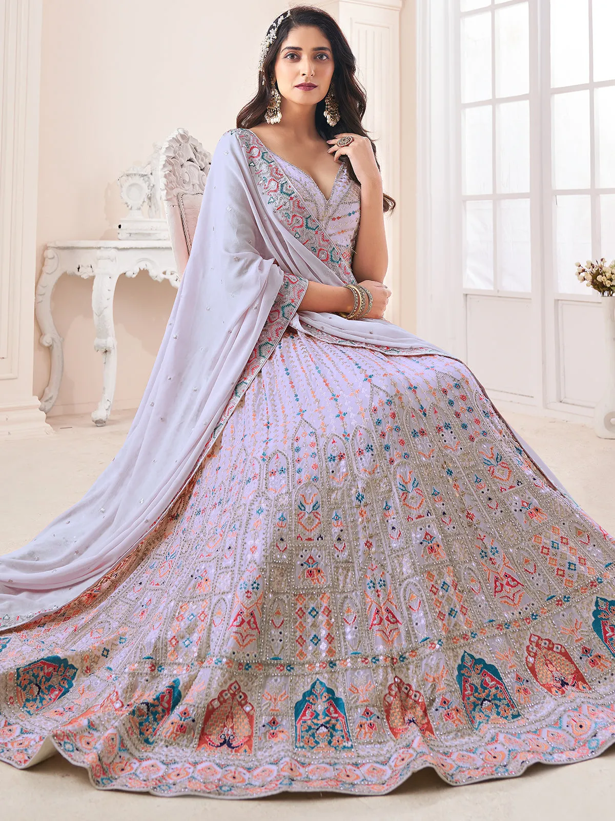 Light Purple Georgette Embellished Semi Stitched Lehenga Choli