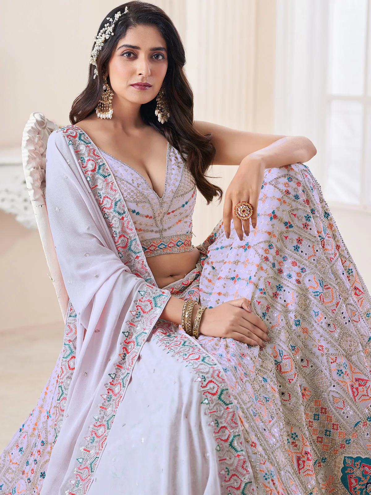 Light Purple Georgette Embellished Semi Stitched Lehenga Choli