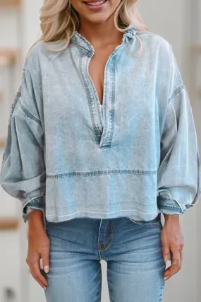 Light Wash Puff Sleeve V Neck Denim Top