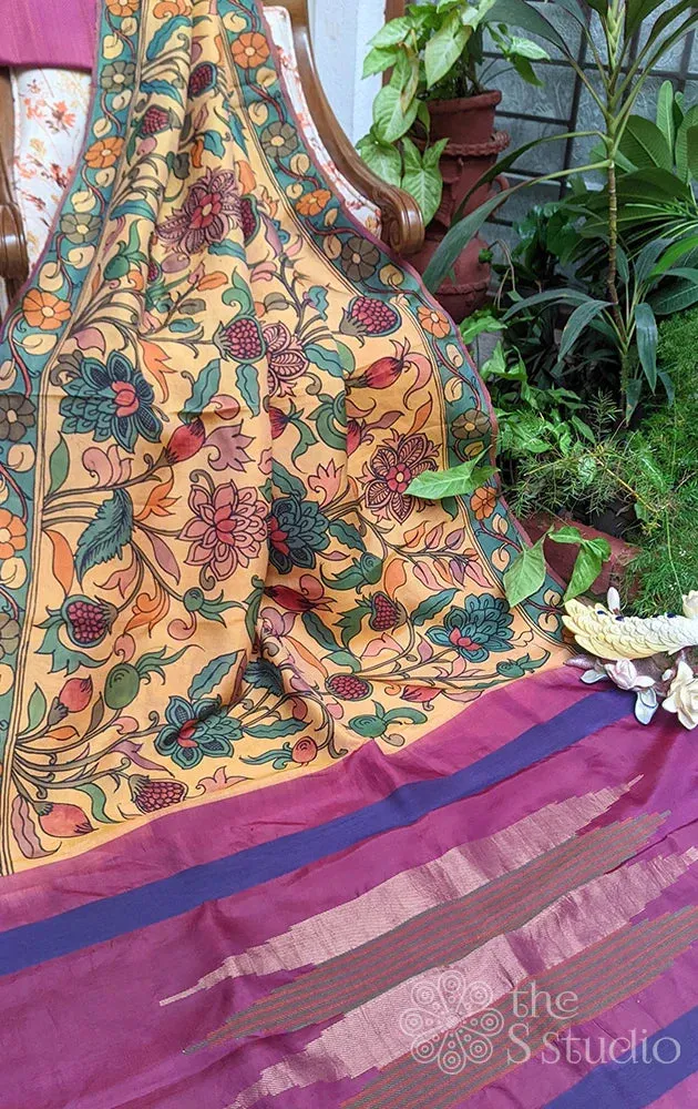 Light yellow kalamkari pure silk saree