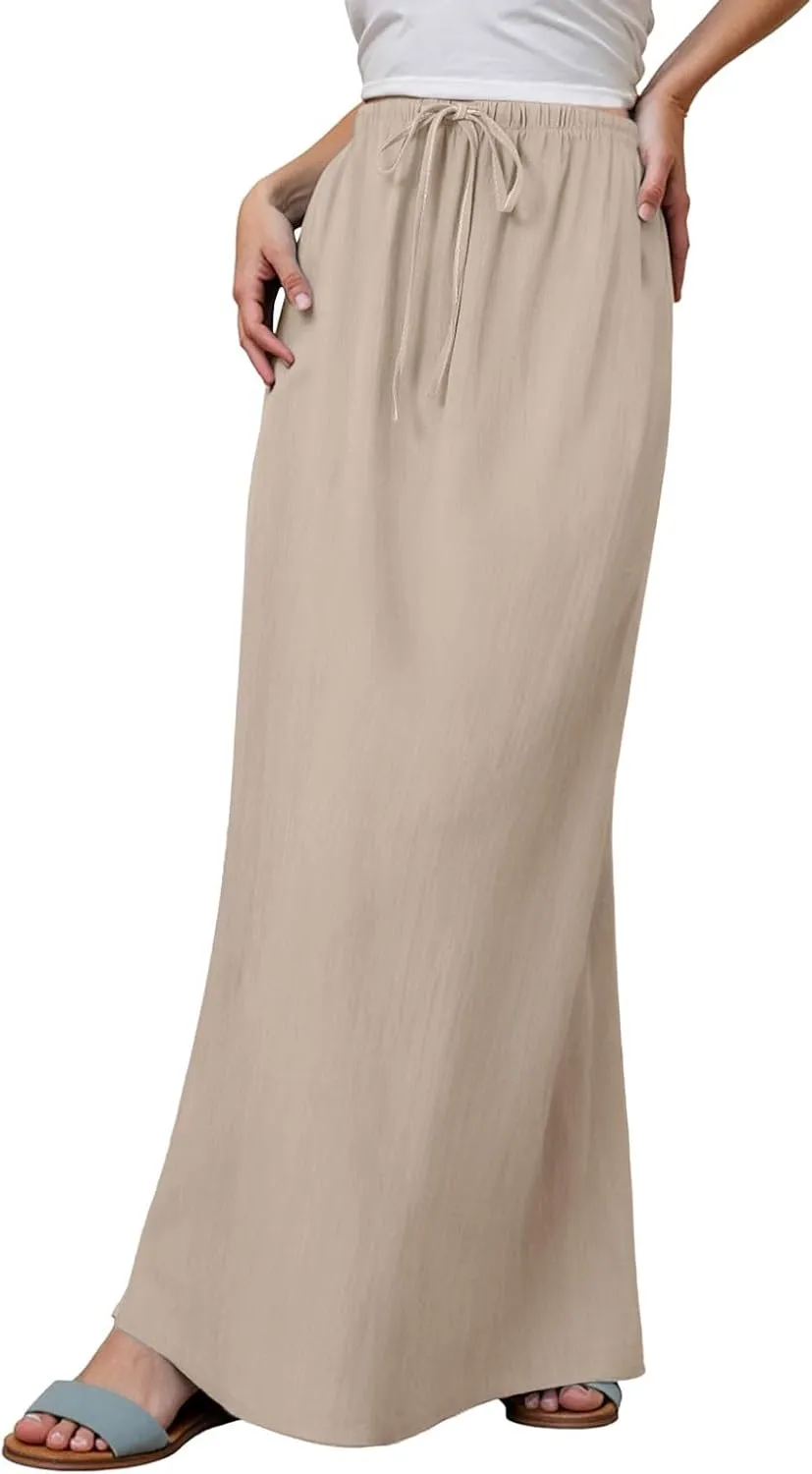 Long Skirts for Women Linen Drawstring High Waist Bodycon Maxi Skirts Boho Flowy Trendy Beach Vacation Summer 2025