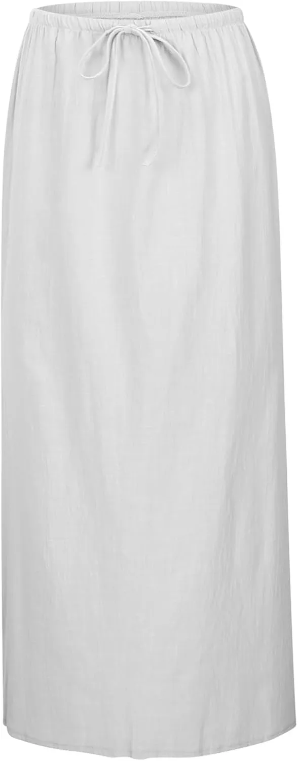 Long Skirts for Women Linen Drawstring High Waist Bodycon Maxi Skirts Boho Flowy Trendy Beach Vacation Summer 2025