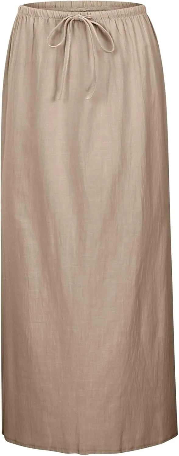 Long Skirts for Women Linen Drawstring High Waist Bodycon Maxi Skirts Boho Flowy Trendy Beach Vacation Summer 2025