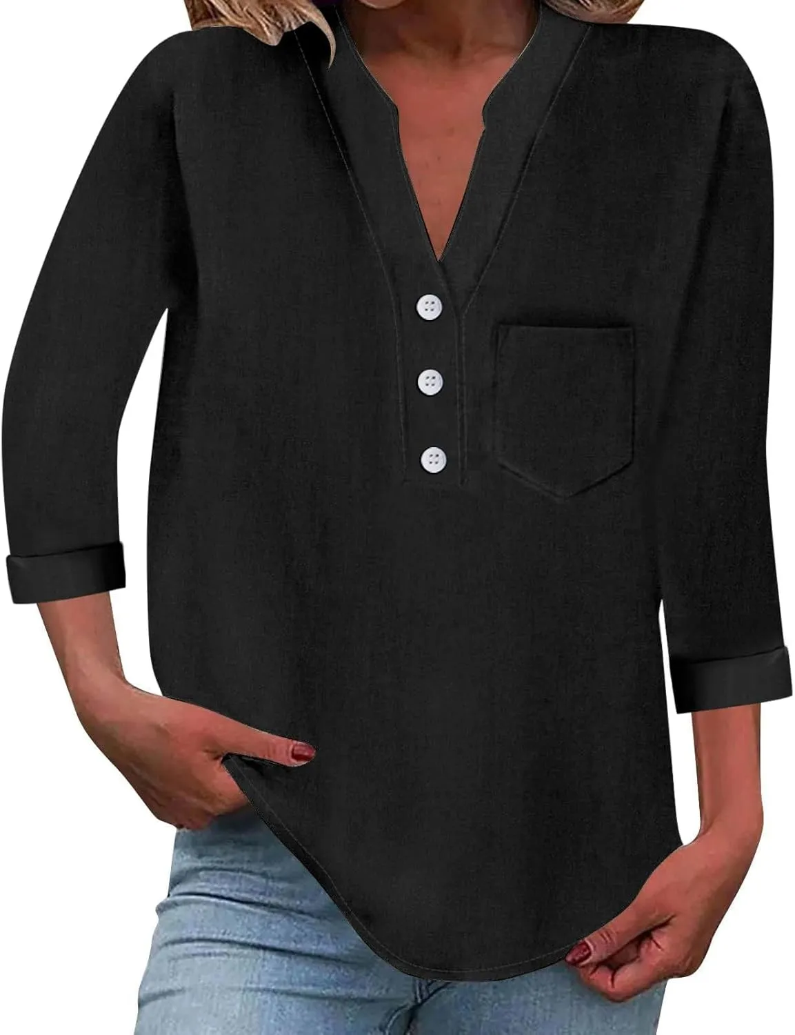 Loose Button Shirt V Neck for Woman Cotton Linen Soft Comfortable Top Solid Color Sleeve Collar Casual Shirt