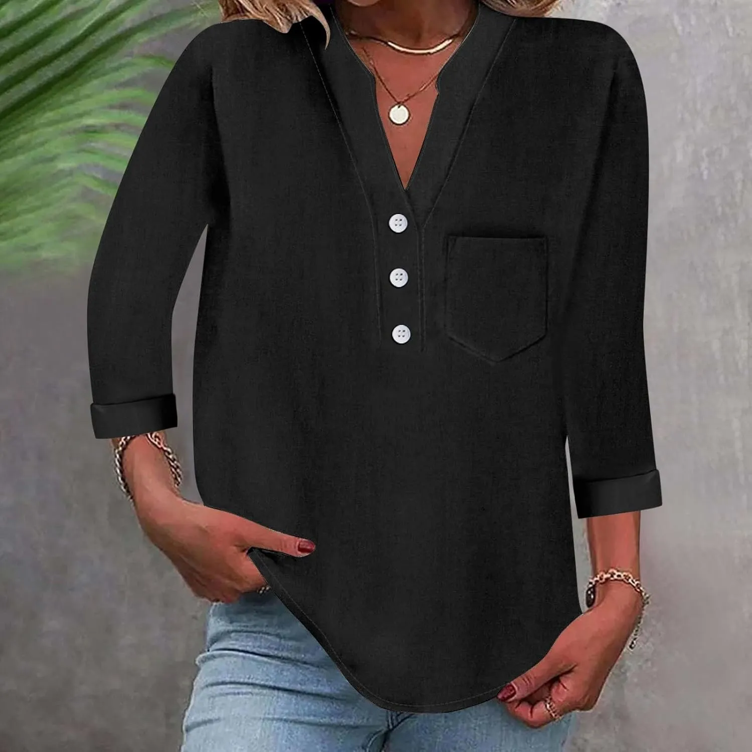 Loose Button Shirt V Neck for Woman Cotton Linen Soft Comfortable Top Solid Color Sleeve Collar Casual Shirt