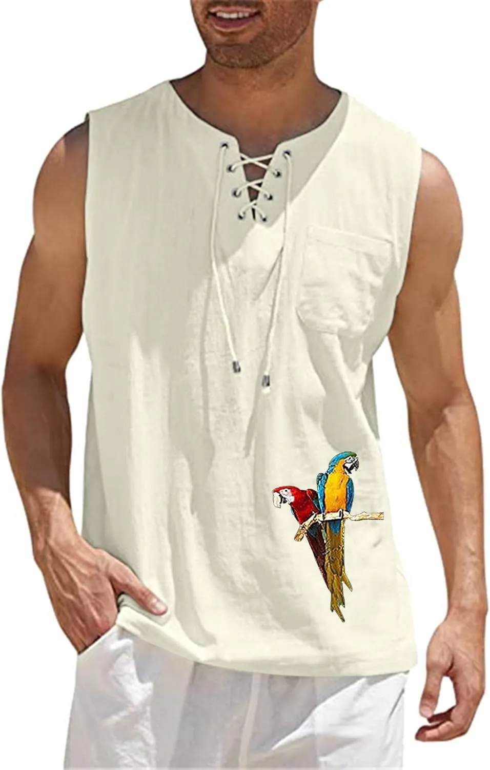 Loose Fit Cotton Linen Bohemian Tank Tops for Mens Summer Beach Fuunny Sleeveless Lace Up Hippie Cutt Off Tshirts