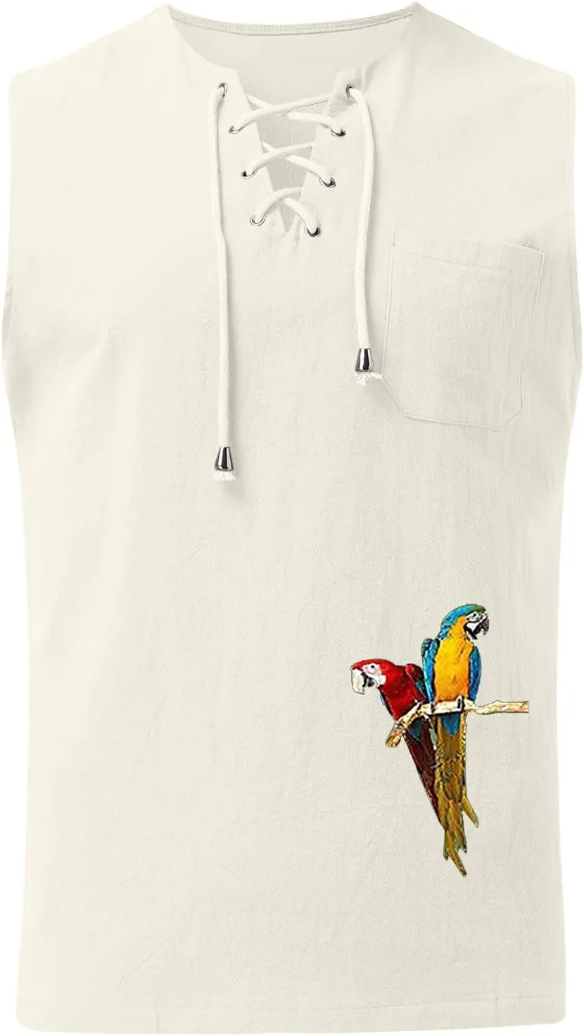 Loose Fit Cotton Linen Bohemian Tank Tops for Mens Summer Beach Fuunny Sleeveless Lace Up Hippie Cutt Off Tshirts