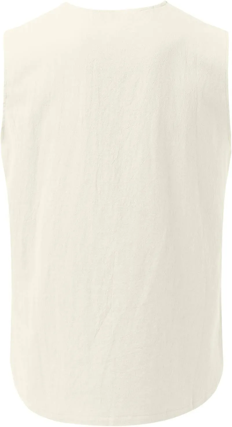 Loose Fit Cotton Linen Bohemian Tank Tops for Mens Summer Beach Fuunny Sleeveless Lace Up Hippie Cutt Off Tshirts