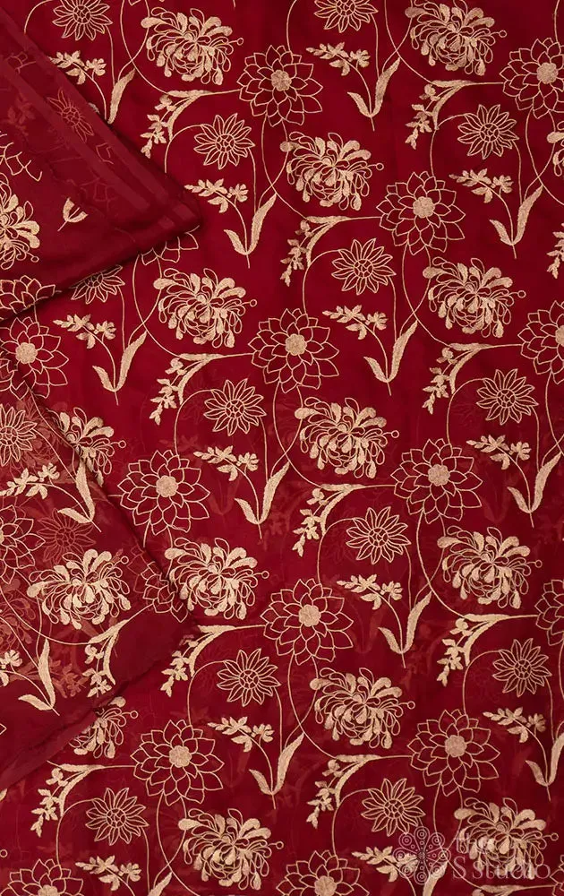 Maroon organza embroidered saree