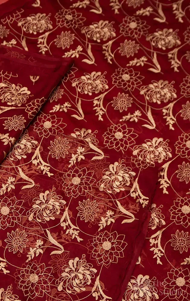 Maroon organza embroidered saree