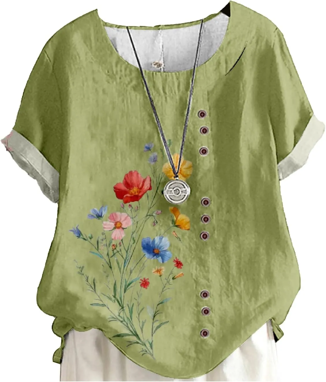 MARSVOVO Cotton Linen Tops for Women Short Sleeve Flower Print T-Shirts Casual Women Business Loose Elegant Crew Neck Empire Waist Summer Vacation Graduation Blouse,Light Green,3XL
