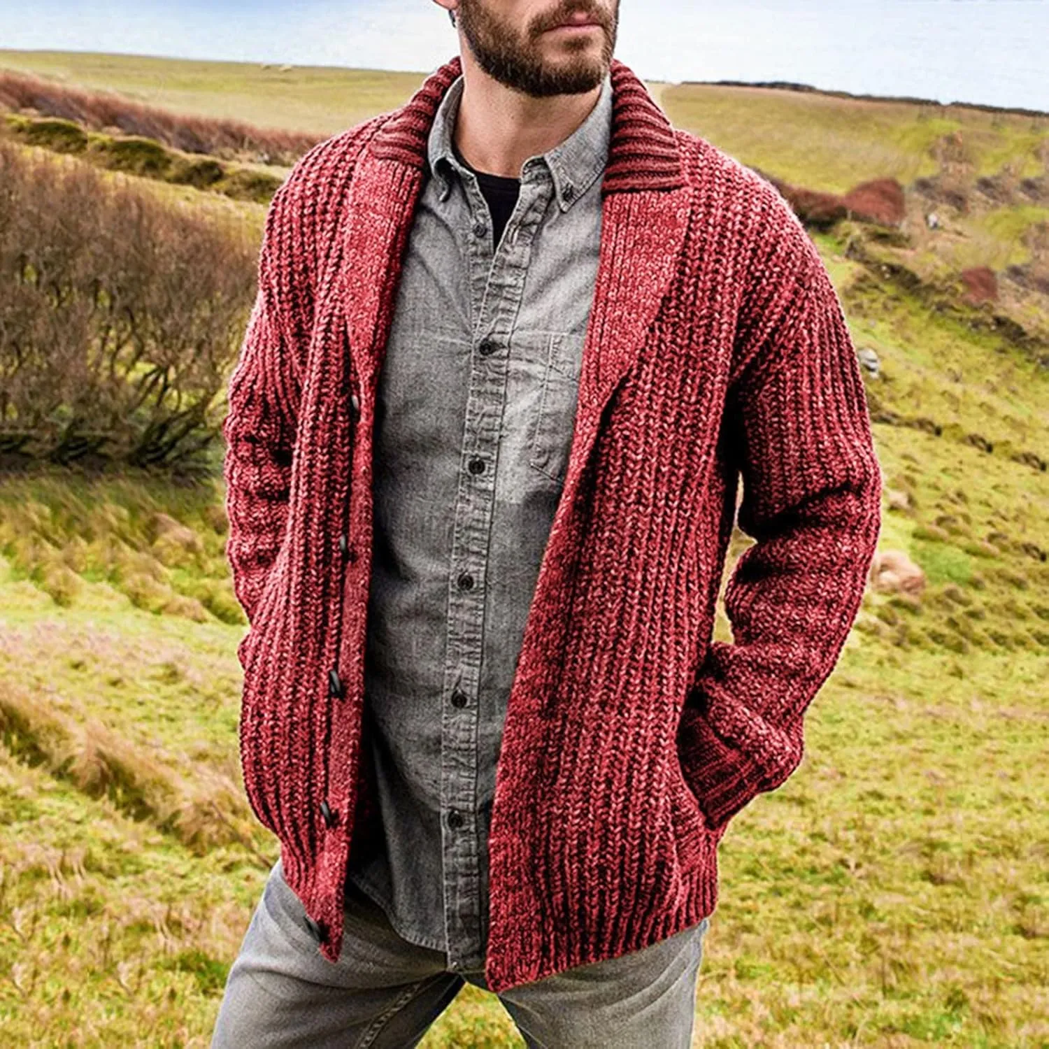 Mens Knit Cardigan Casual Loose Fit Fall Winter Coat Shawl Collar Button Down Long Sleeve Soft Warm Sweaters