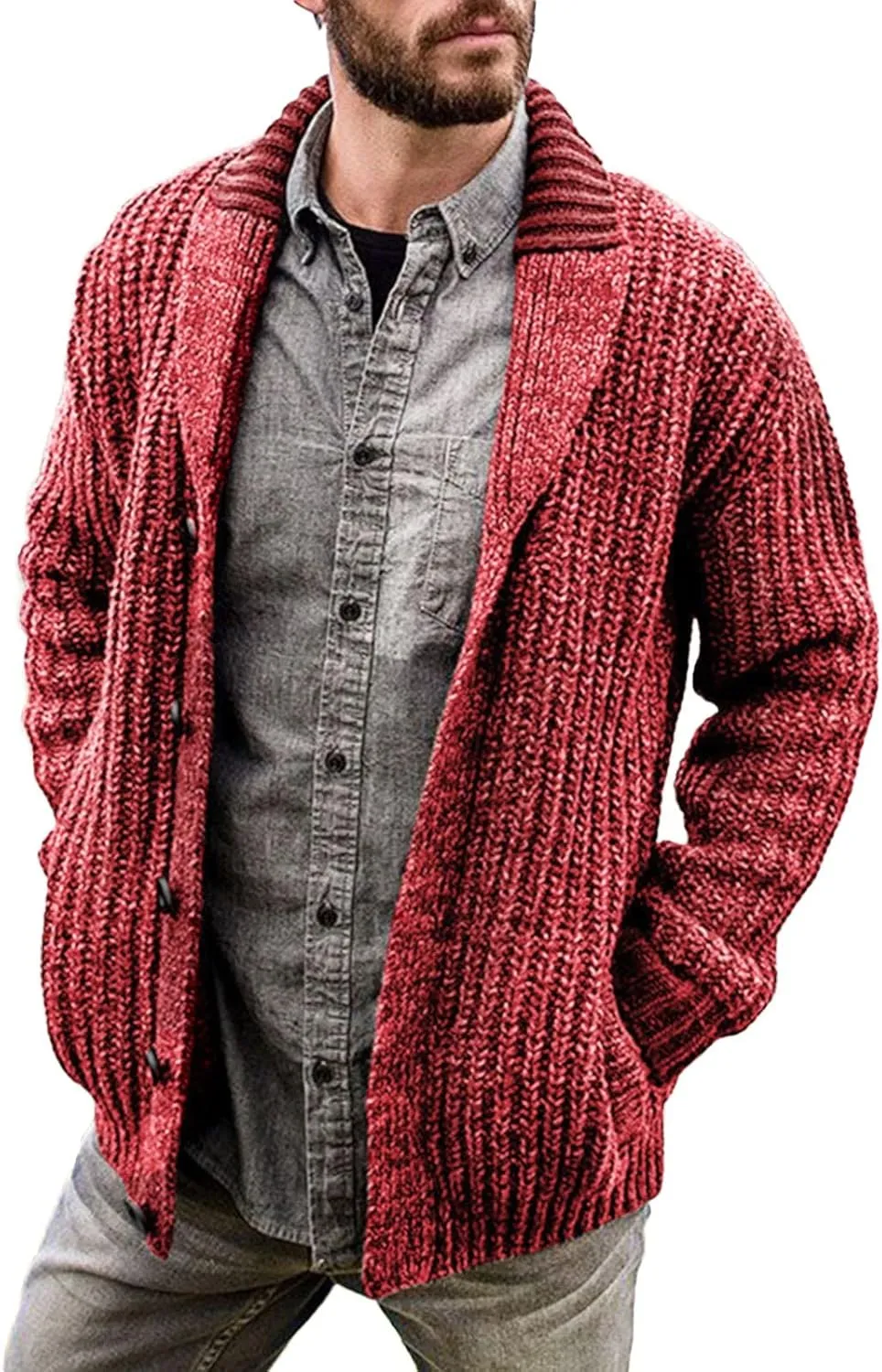 Mens Knit Cardigan Casual Loose Fit Fall Winter Coat Shawl Collar Button Down Long Sleeve Soft Warm Sweaters