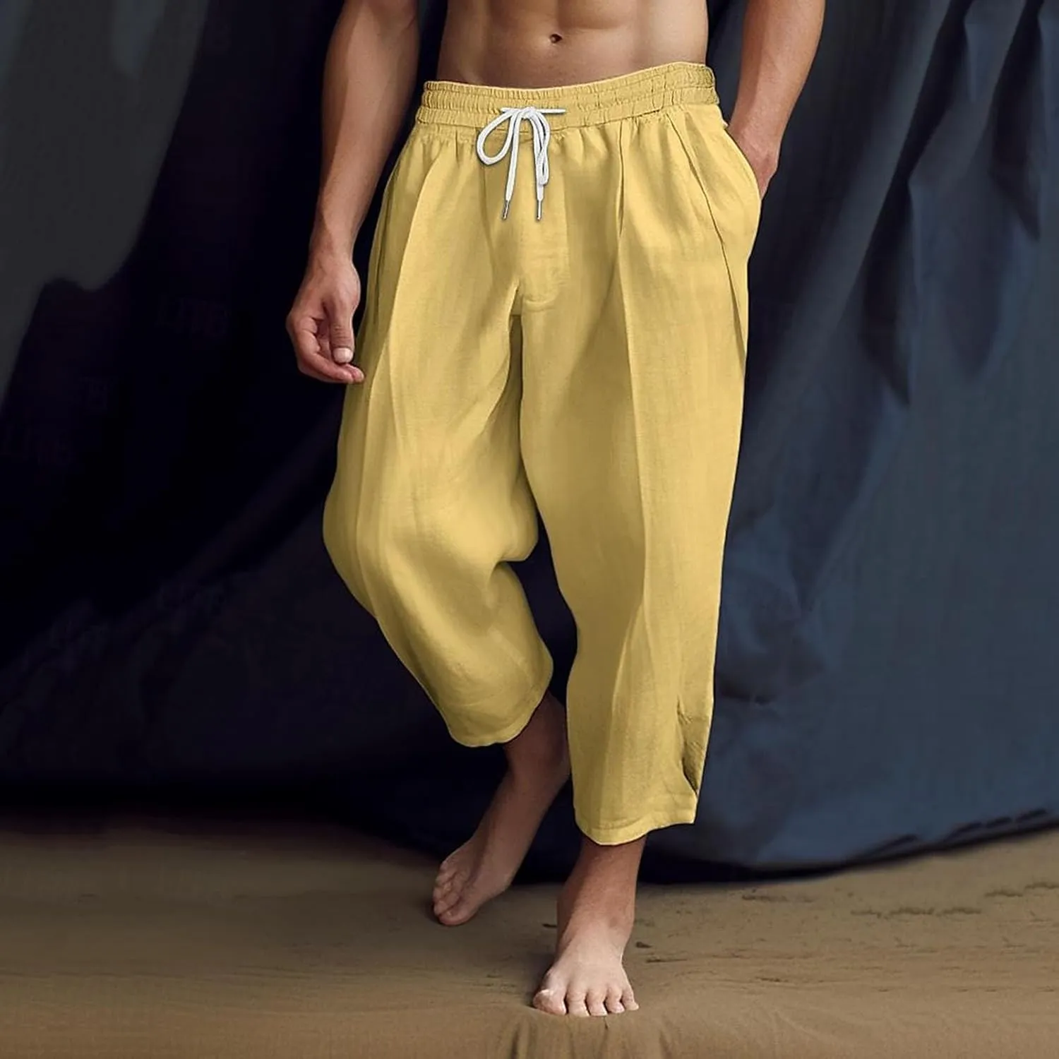 Men's Linen Summer Beach Pants Baggy Straight Leg Joggers Loose Fit Business Pant Outdoor Hiking Trousers