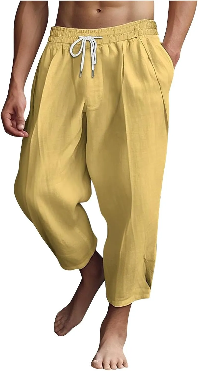 Men's Linen Summer Beach Pants Baggy Straight Leg Joggers Loose Fit Business Pant Outdoor Hiking Trousers