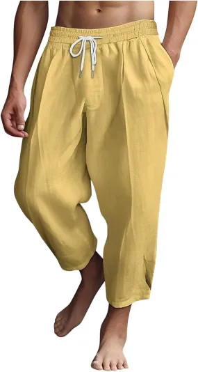 Men's Linen Summer Beach Pants Baggy Straight Leg Joggers Loose Fit Business Pant Outdoor Hiking Trousers